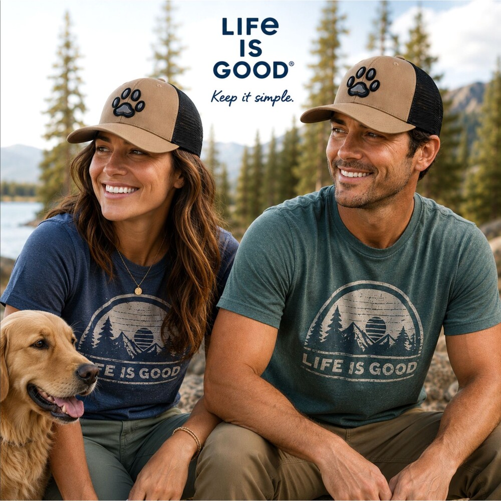 Life is Good Paw Print Trucker Hat Adult Tan Black Mesh Adjustable Snapback NWT